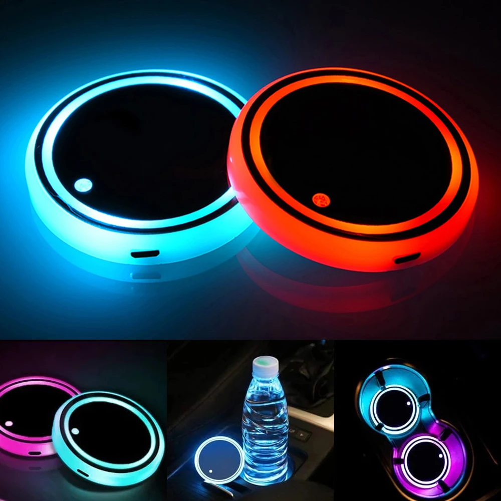 2Pcs DC 5V Universal Led Auto Cup Holder Bottom Pad LED Light Cover Trim Atmosphere Lamp Anti-slip Mat Colorful Coaster Lighting