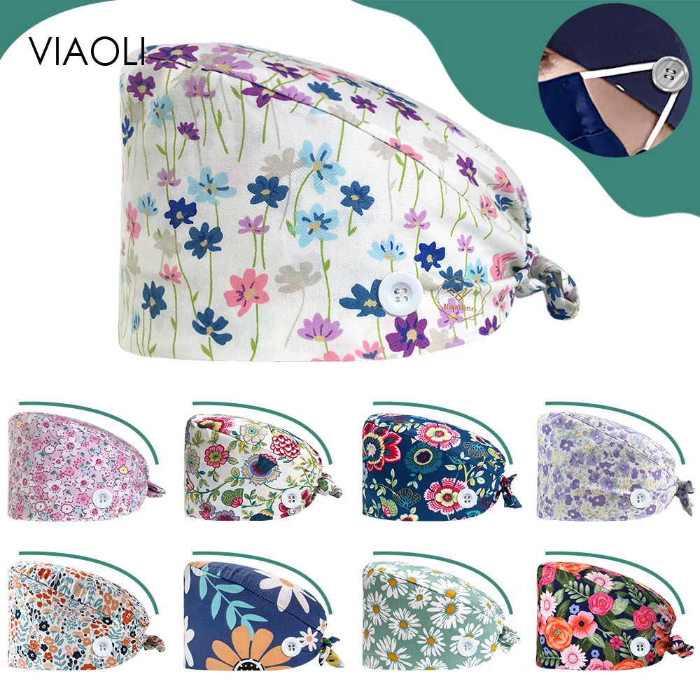 

High-quality Floral Printing Nurse Cap Unisex Cotton Pet Doctor Scrub Cap Beauty Salon Work Laboratory Hat Accessories for Women