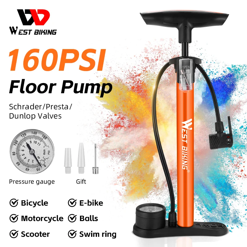 

WEST BIKING 160PSI Bicycle Floor Pump High Pressure Tire Inflator Cycling Air Pump Schrader Presta Dunlop Motorcycle Bike Pump
