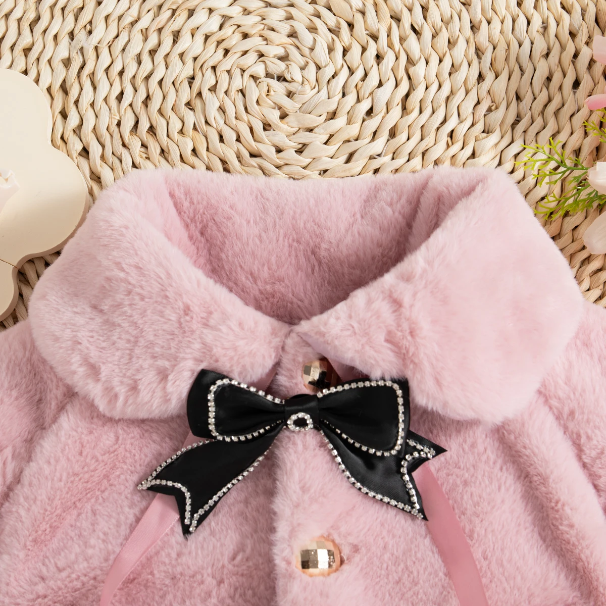 Winter Baby Mädchen Rosa Schal Puppe Kragen Bogen Einfarbig Taste Plüsch Mantel Warme Outfit für Mädchen Tägliche Casual Kleidung – Detail 10