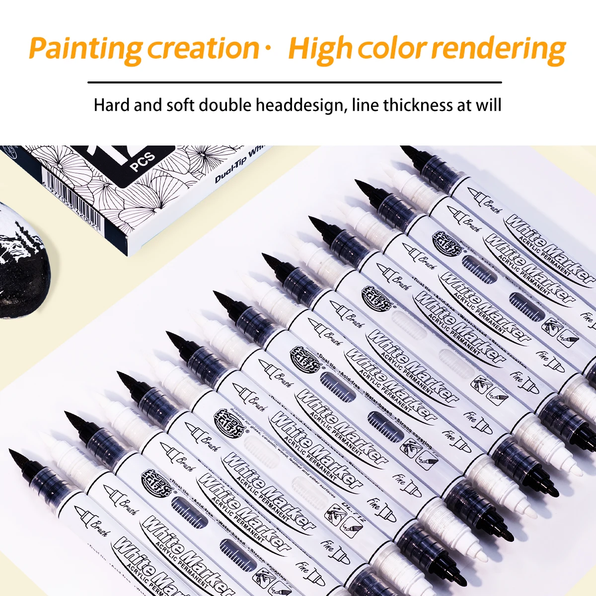 Acrylic Paint Markers 12 Double Head Black/White Brush Tip Paint Markers for Rock Painting Stone DIY Card Making Art Supplies acrylic paint markers