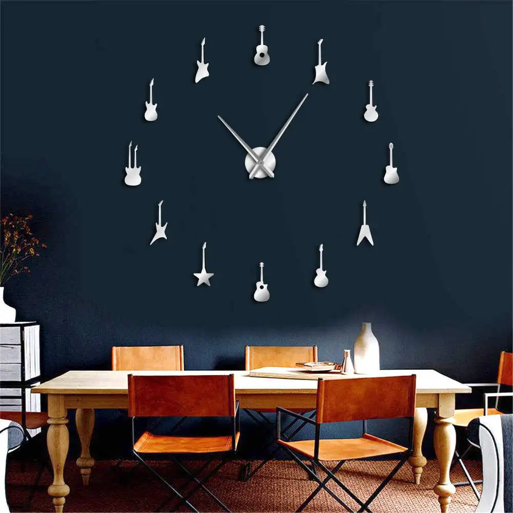 

Fun Guitar 3D Big Acrylic Mirror Stickers Wall Clock Mordern Diy Quartz Watch New Clockwork Home Decoration Studio Wall Stickers