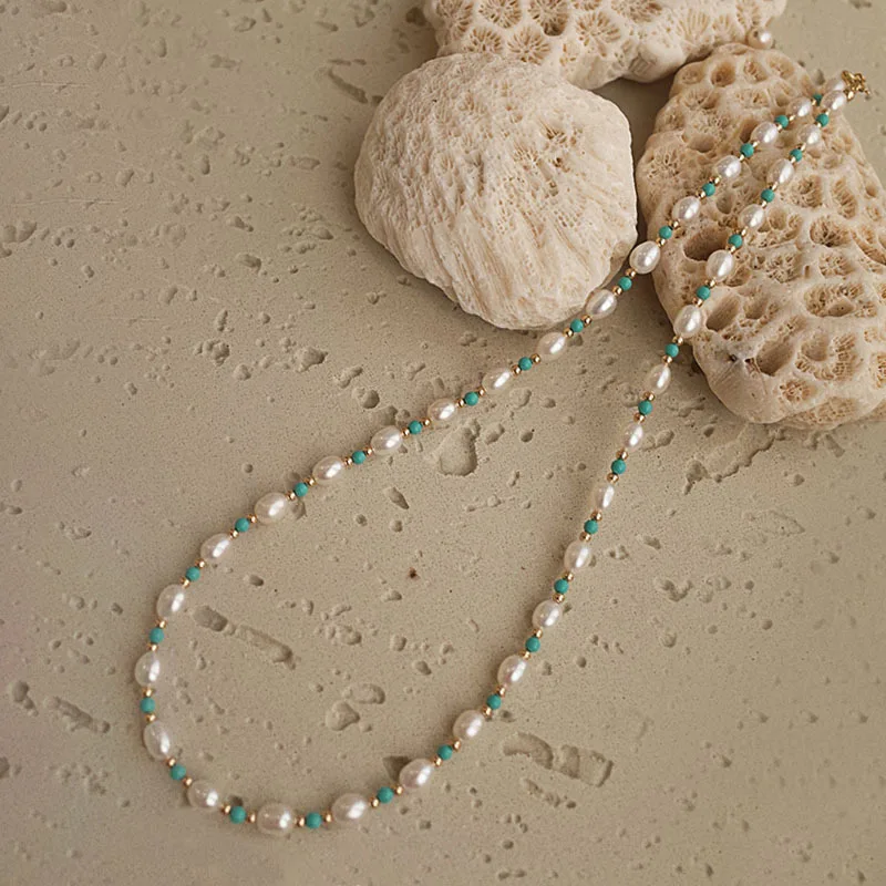 100% Natural Freshwater Pearl & Turquoise Stone 14K Gold Filled Female Jewelry Set For Women Necklace Bracelet Christmas Gifts 2