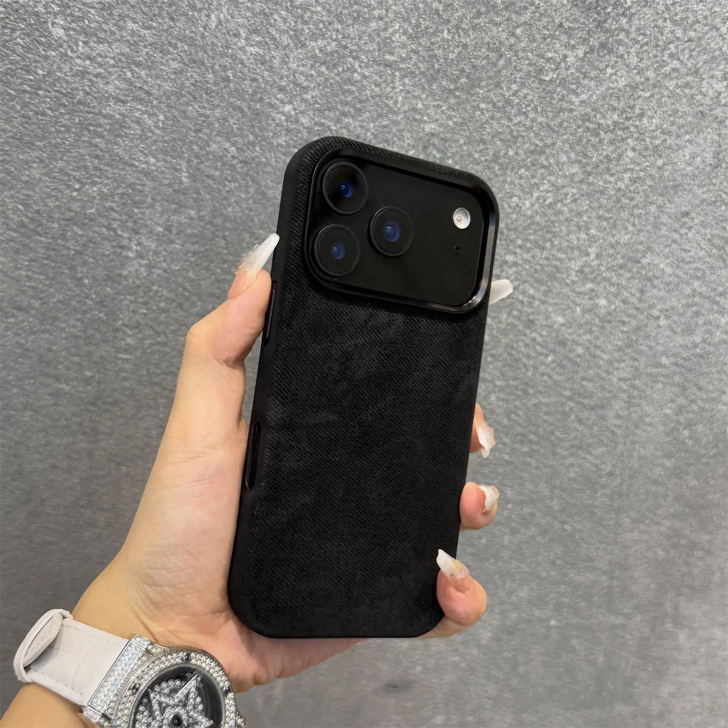Dark Blue Fleece Leather Business Phone Case with Large Cutout Design