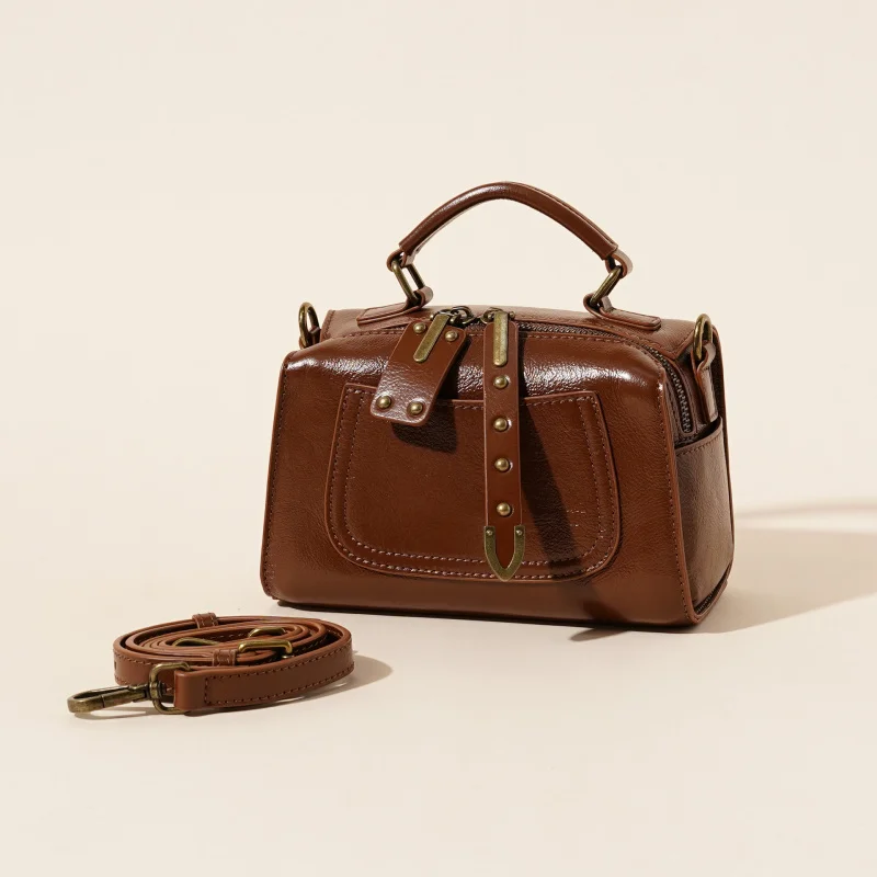 Spring and summer new genuine leather Boston fashion casual handbag tanned cowhide shoulder width women's bag