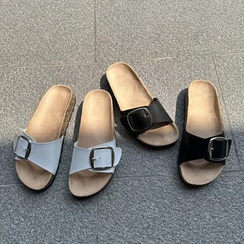⁦Comemore Flat Slippers Casual Shoes Fashion Leather Buckle Beach Slides Flip Flop White Yellow Round Toe Summer Women Sandals43⁩ – תמונה ⁦2⁩