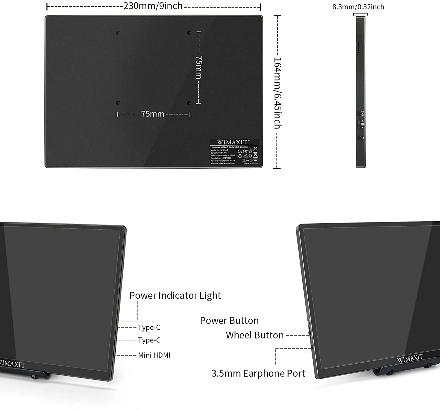 WIMAXIT M1050C 10.5 ġ ޴ , 1920x1280P IPSFHD 100% SRGB ũ ÷, USB-C HDMI VESA,  ɾ ̹ 