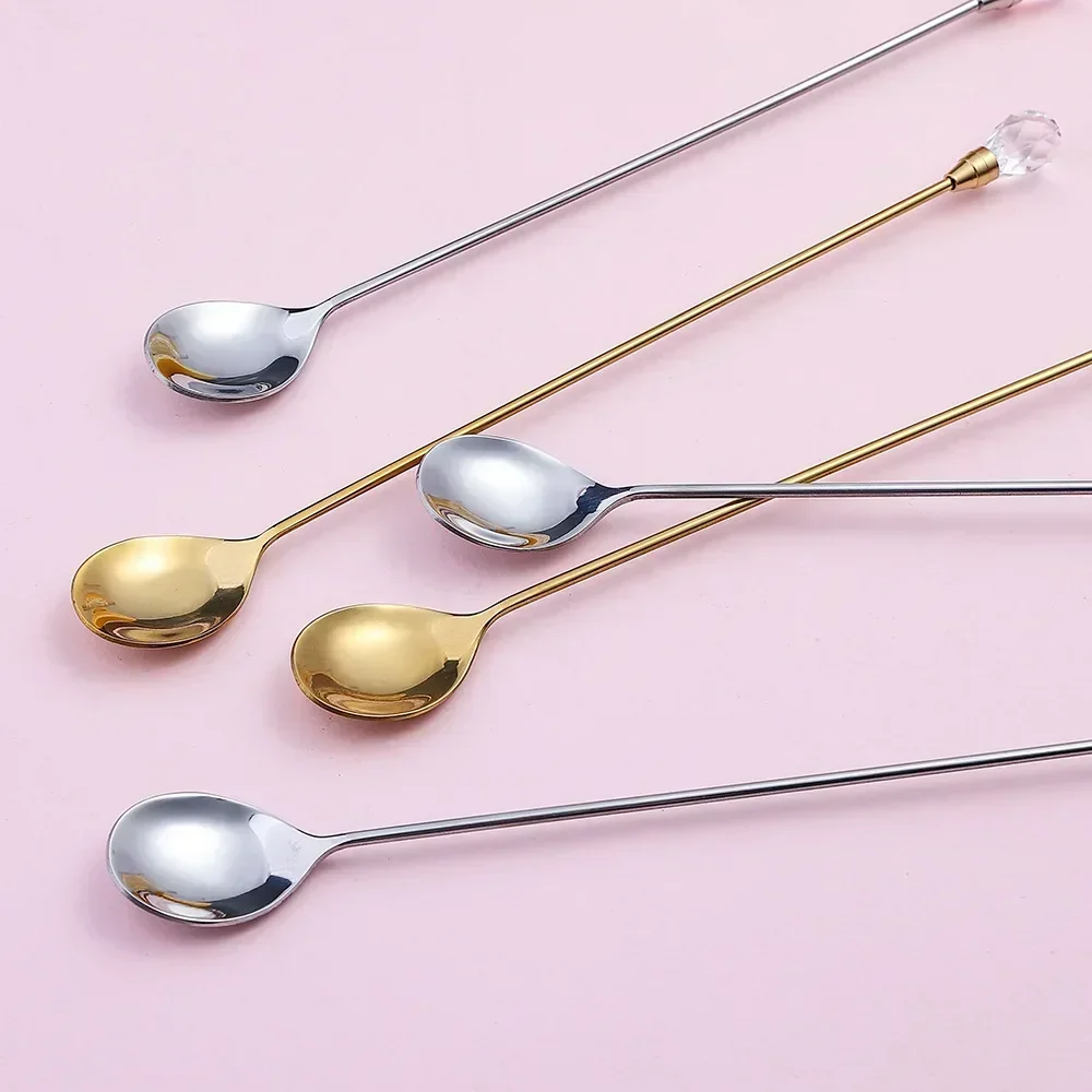 Stainless Steel Spoon 4pcs Diamond Coffee Long Stirring Spoon Exquisite Crystal Teaspoon for Cafe Ice Cream Dessert Cocktail Mug tea spoon