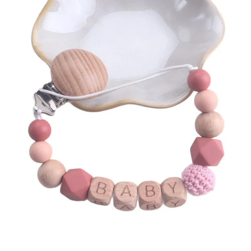 Personalized Name Baby Pacifier Clip with Wooden Alphabet Beads, Anti - Drop Soother Holder