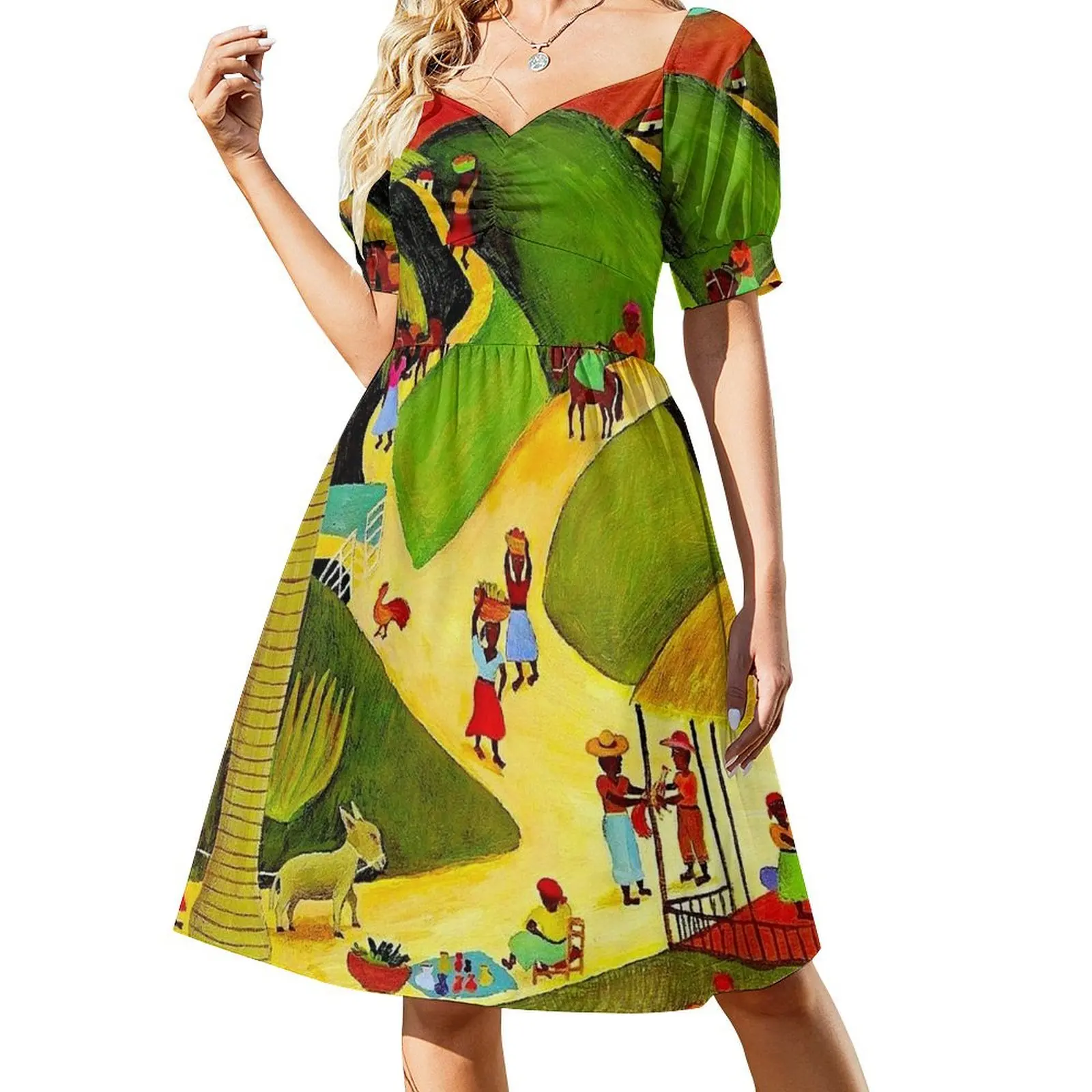 thumbnail image 1 of HAITÍ: Cartel publicitario vintage de viajes y turismo. Vestido de manga corta. Vestido de fiesta de lujo para mujer. Vestido de noche para graduación., 1 of 7