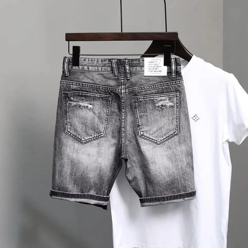 Straight Graphic Man Denim Shorts Knee Length Multi Color Long Half Short Jeans Pants for Men Ripped Harajuku Blue Y2k Hip Hop