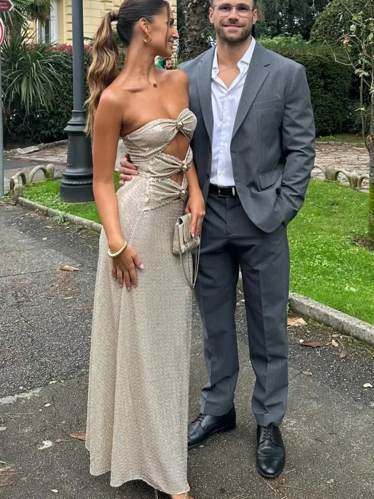 Pearl Sequin Strapless Dresses Backless Hollow Out Shiny
