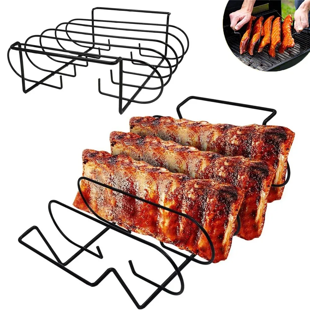 

Non-Stick BBQ Rib Rack Stand Barbecue Steaks Racks Stainless Steel Chicken Beef Ribs Grill Black for Gas Smoker BBQ Tools bbq