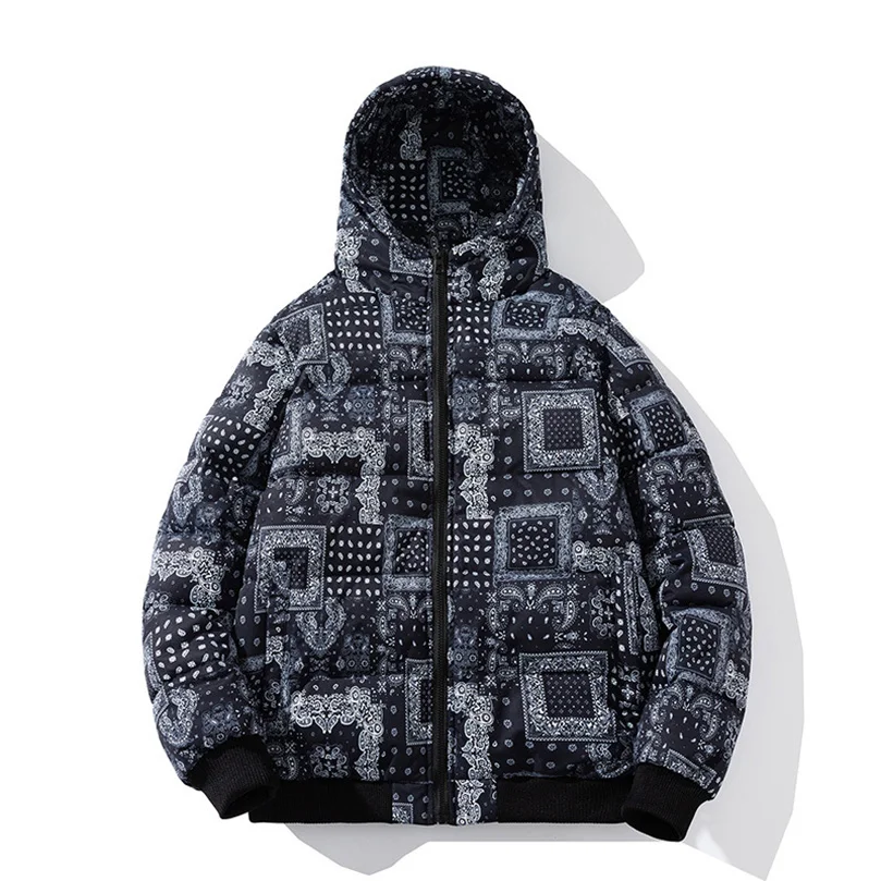 Winter Jacket Men Bandana Print Patchwork Cotton Padded Coat Thick Warm Hooded Varsity College University Outerwear New 2024 4