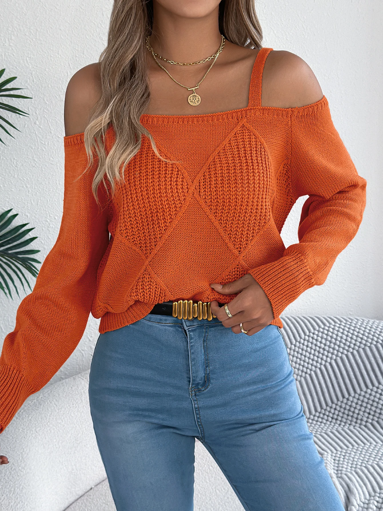 Women Off Shoulder Knitted Sweater Casual Orange Grey
