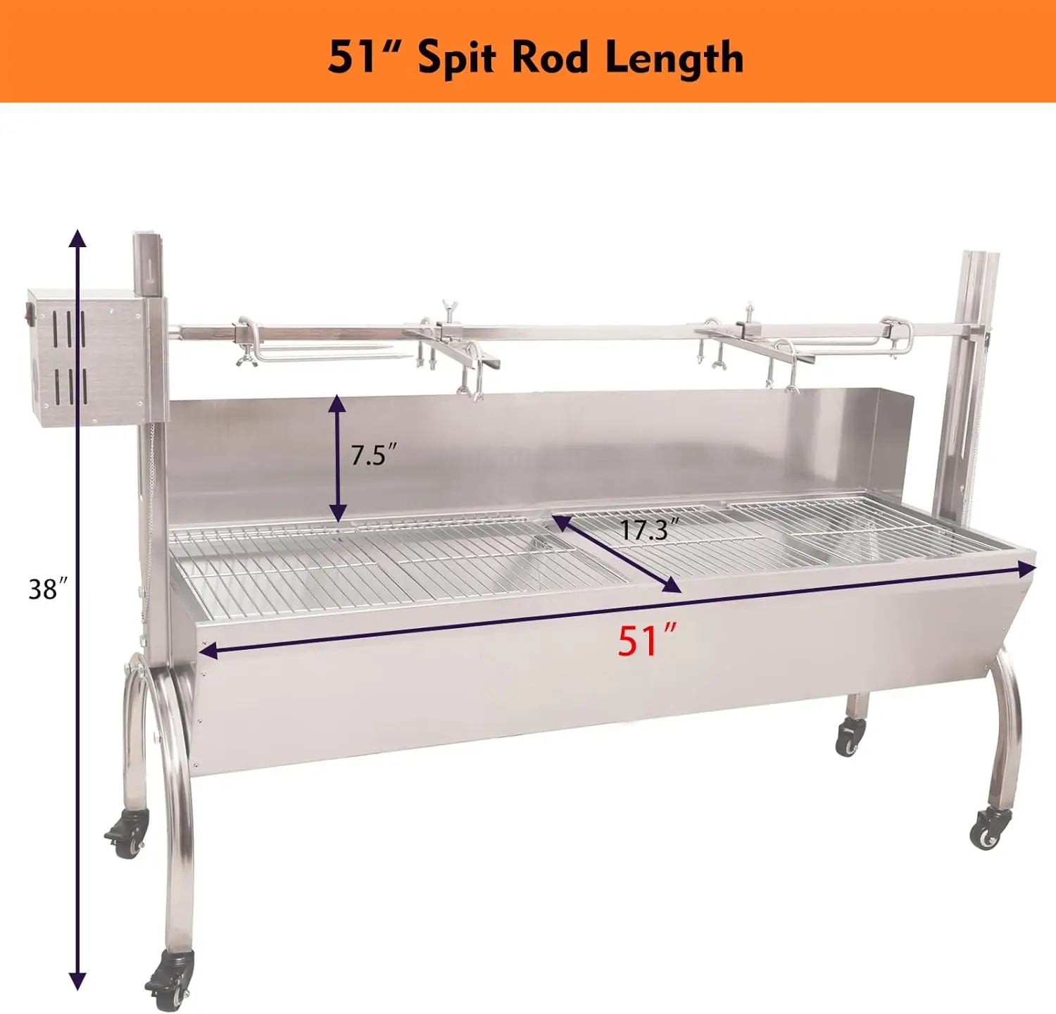 Wind Screen Roaster 51 Inch BBQ Outdoor Pig Lamb Rotisserie Roaster 132LBS/60KG Stainless Steel Charcoal Spit Rotisserie Roaster 4