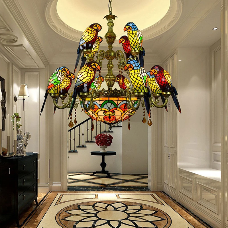 Art Deco Tiffany Parrot Designer Lustre Chandelier Lighting Suspension Luminaire Lampen For Dinning Room
