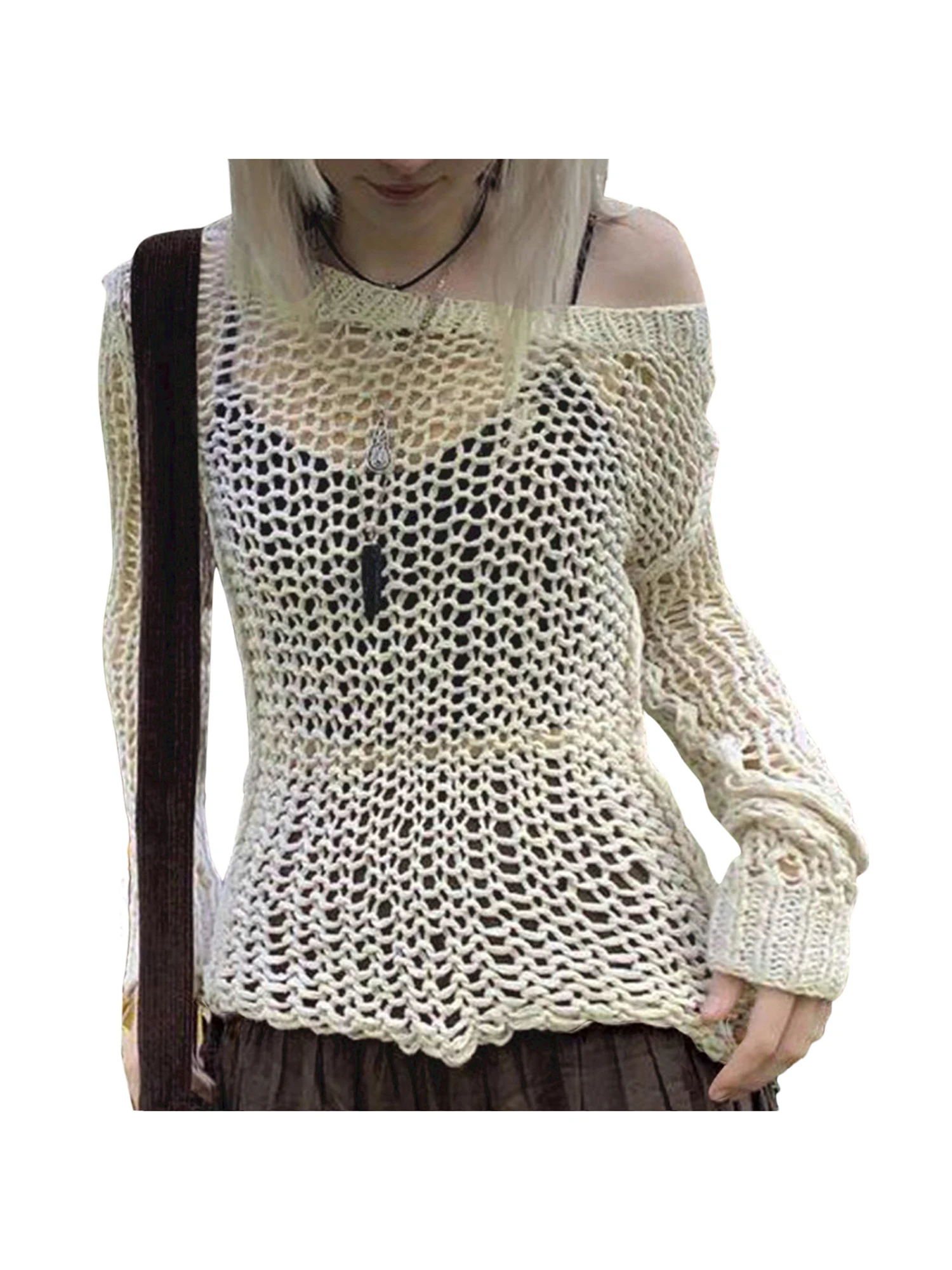 Women s Crochet Top Long Sleeve Hollow Out Cropped Knit Top Fishnet See Through Shirt Mesh Swimsuit Bikini Cover Ups