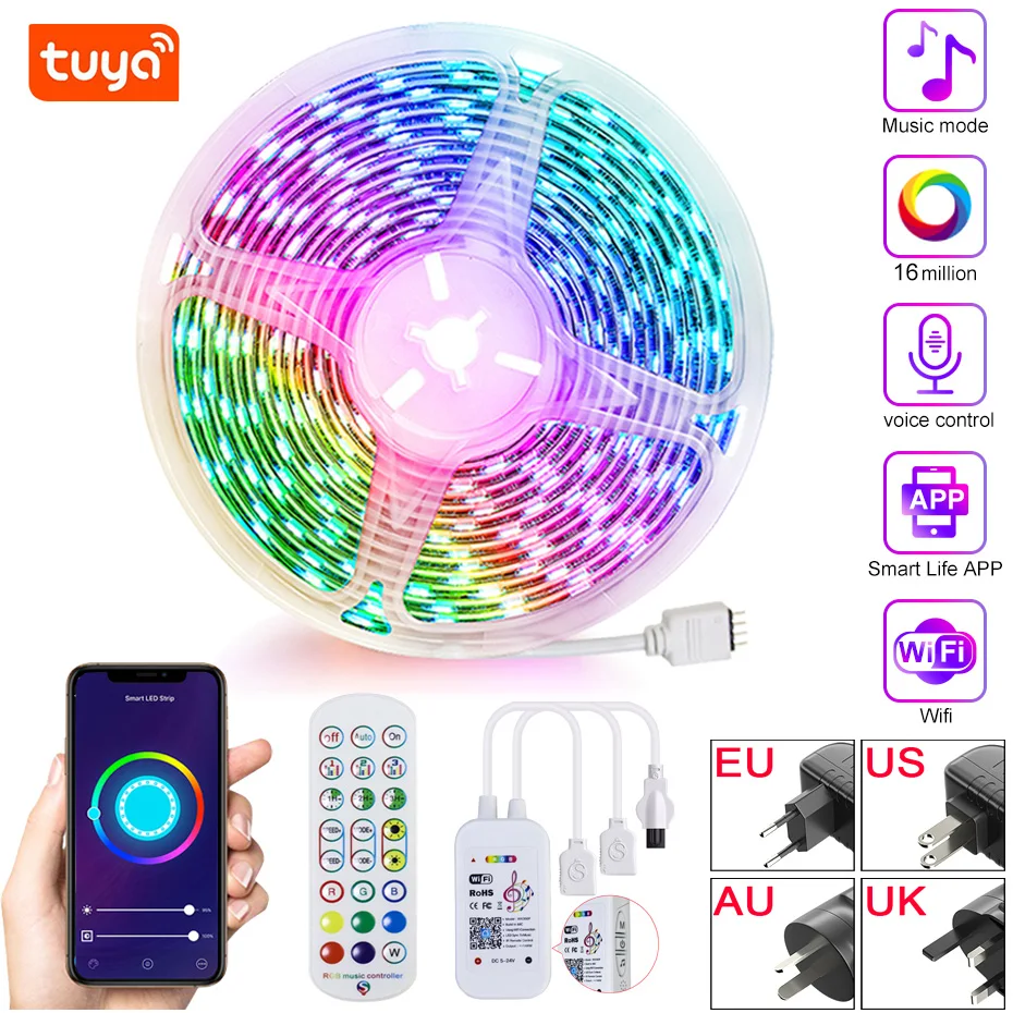 

Светодиодная смарт-лента Tuya с поддержкой Wi-Fi, 5050 SMD, RGB, 12 В
