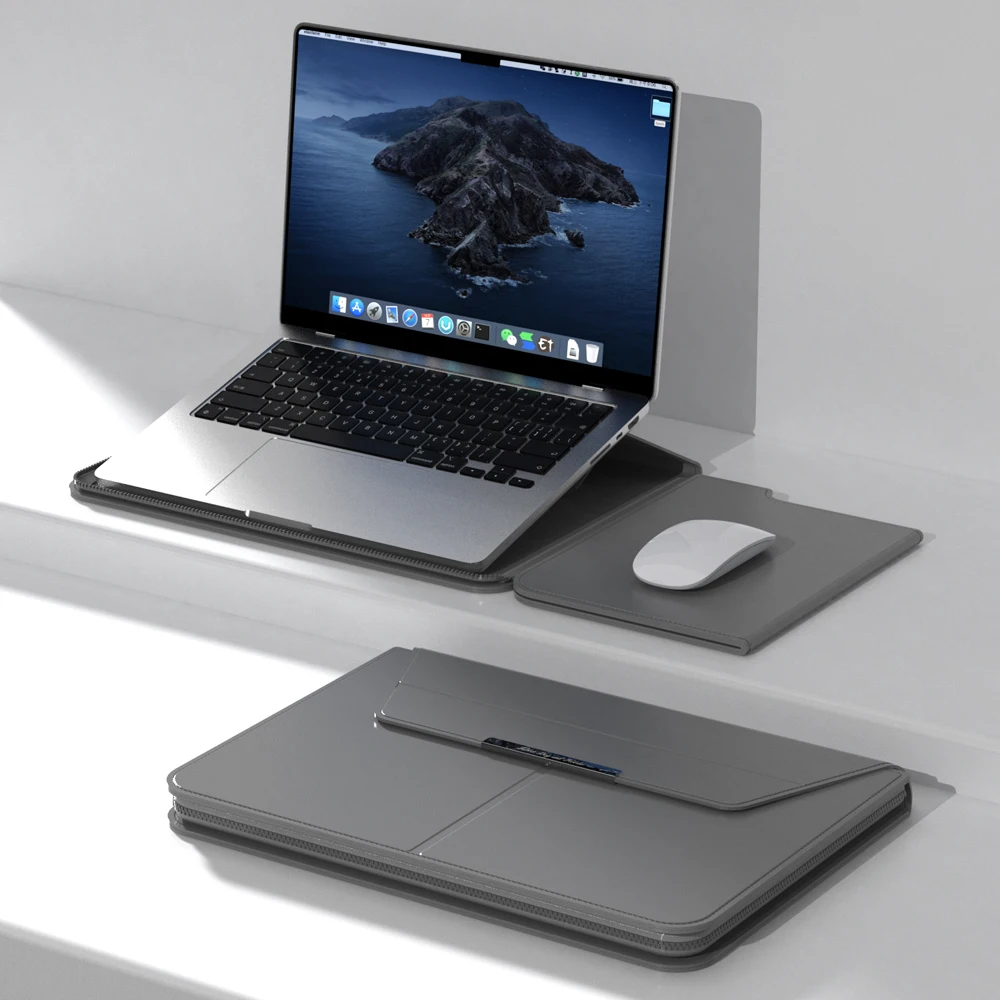 Premium PU Leather Laptop Sleeve Case with Built-In Stand