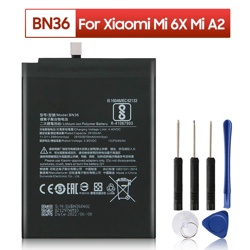 

BN36 Replacement Battery For Xiaomi Mi 6X Mi6X MiA2 Mi A2 Phone Batteries 3010mAh