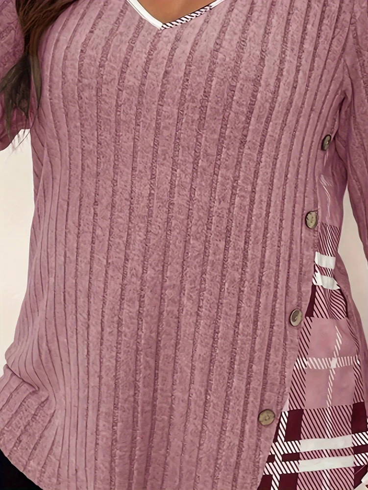 Plus Size Color Block V-Ausschnitt Langarm Warmer Pullover Pullover Damen Bequemes Alltagsoberteil mit Streifennähten – Detail 14