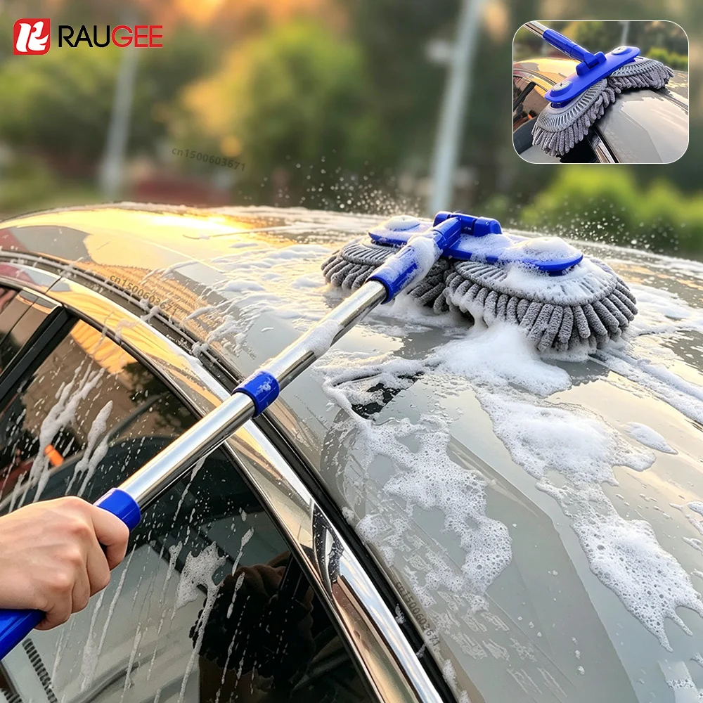 Autowaschbürste Autoreinigungsbürste mit Langem Griff Autowaschmop Doppelkopf Weichhaariger Boden- und Fensterreiniger Mop Autowaschzubehör
