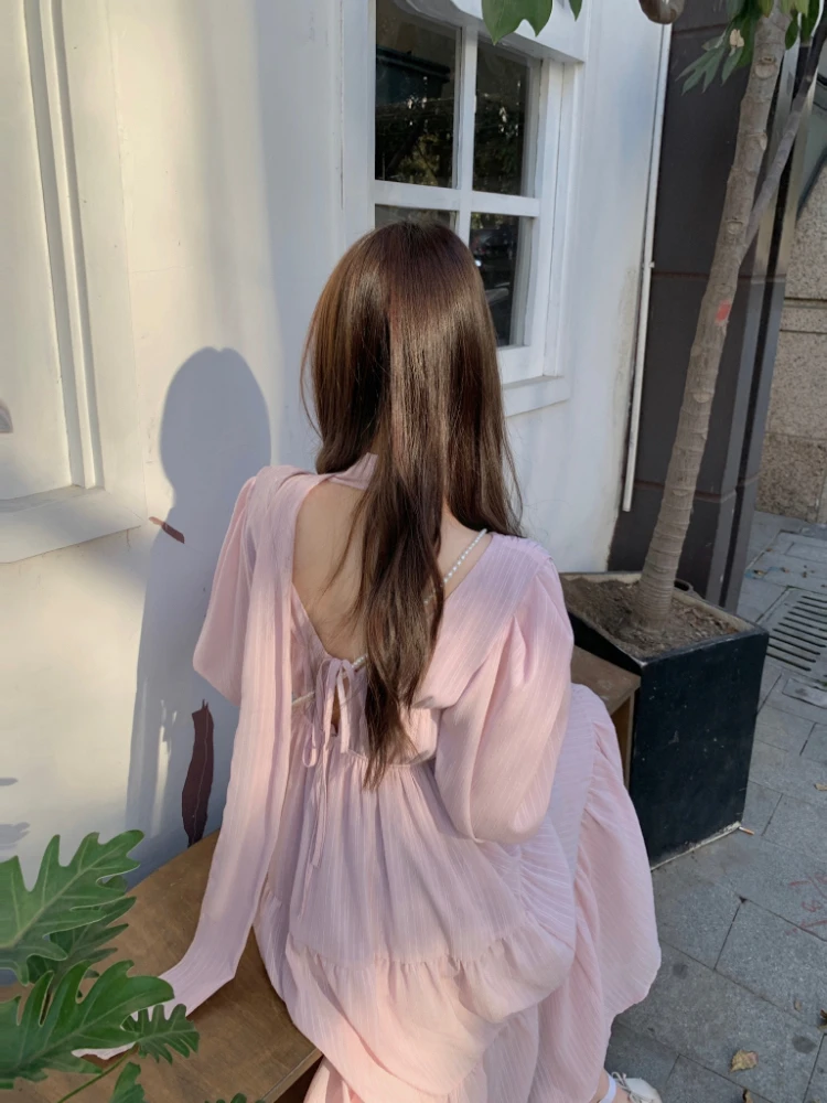 Elegant Autumn Midi Dresses for Women V-neck Flare Sleeves A-line Solid Korean Fashion Casual French Vintage Vestidos Mujer New