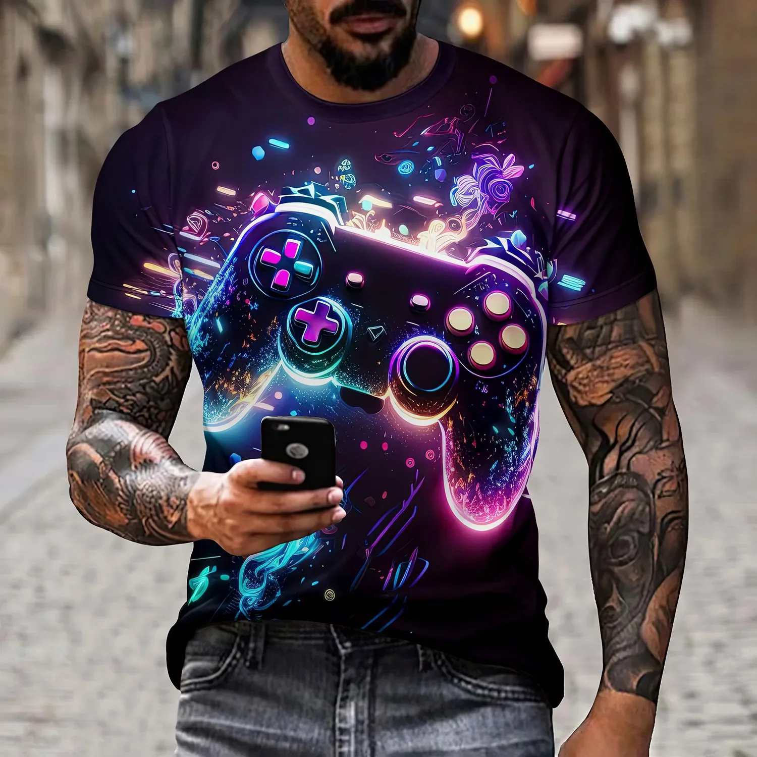 

2024 Men's color entertainment game controller pattern line splicing T-shirt 3D printing casual short sleeved fashionable pe