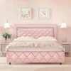 Queen Bed Frame, Upholstered with Diamond Tufted Headboard,,Wooden Slats Support, No Box Spring Needed, Easy Assembly Pink 1