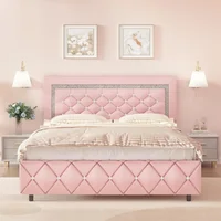 Queen Bed Frame, Upholstered with Diamond Tufted Headboard,,Wooden Slats Support, No Box Spring Needed, Easy Assembly Pink 1