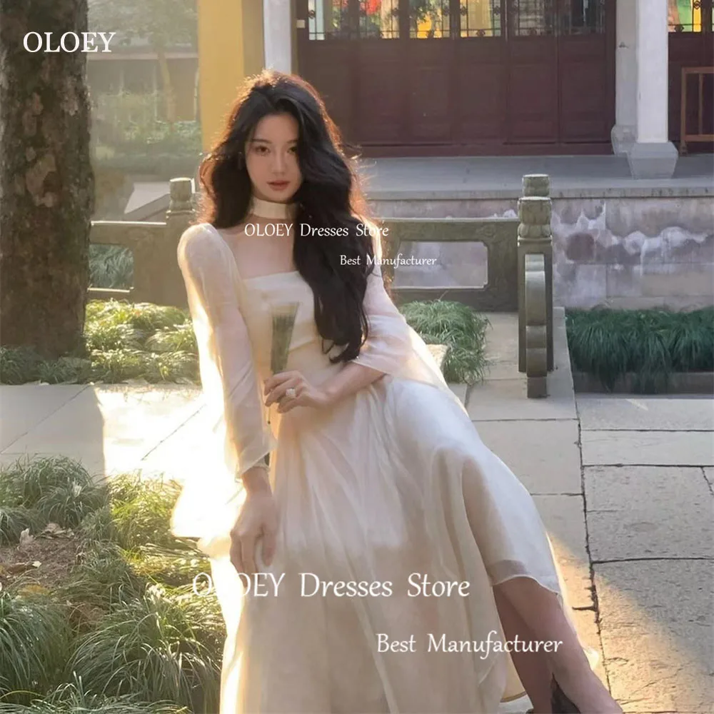 

OLOEY Modern Double-deck Satin Tulle A Line Halter Evening Gown Dress Illusion Square Collar Ankle Length Full Sleeve Prom Gowns