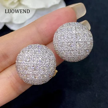 LUOWEND 18K Yellow Gold Earrings Luxury Real Natural Diamond Earrings Fashion Hemisphere Lattice Shape Party Jewelry for Women
