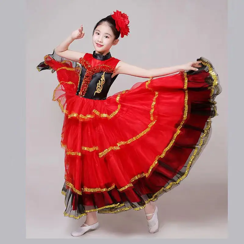 Girls Spanish Flamengo Dress Bullfighting KIds Belly Dance Costume Ballroom Gypsy Chorus Stage Performance women flamenco dresses