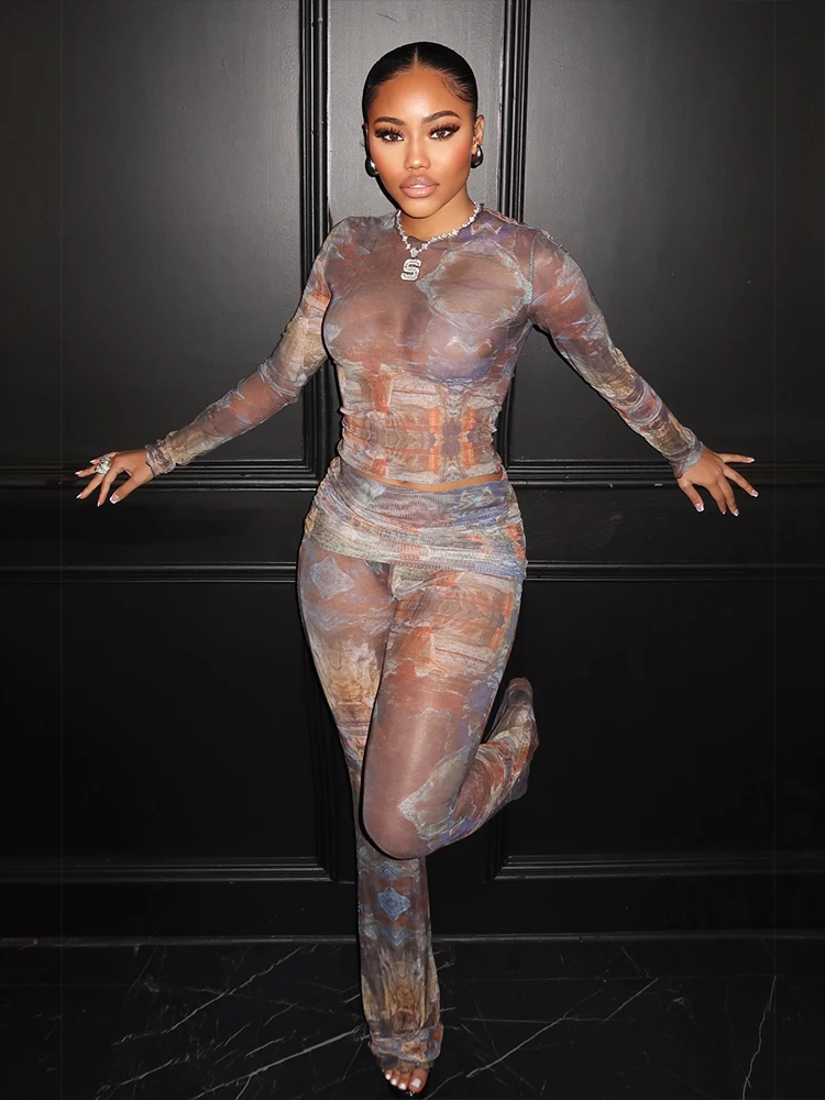 Ensemble 2 pièces imprimé chat bizarre pour femmes, haut court transparent + pantalon à revers, extensible, slim, tenues de club de minuit