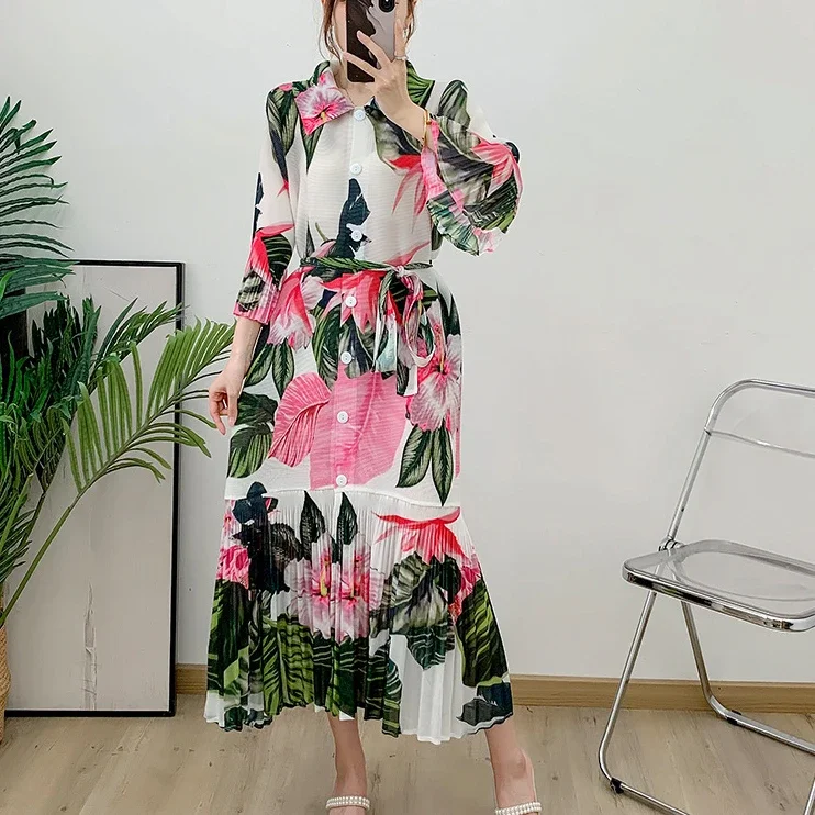 

ALSEY Pleated Dress 2024 Summer New Butterfly Sleeve Lapel Fashion Printed Single Breasted Elegant Dresses for Women