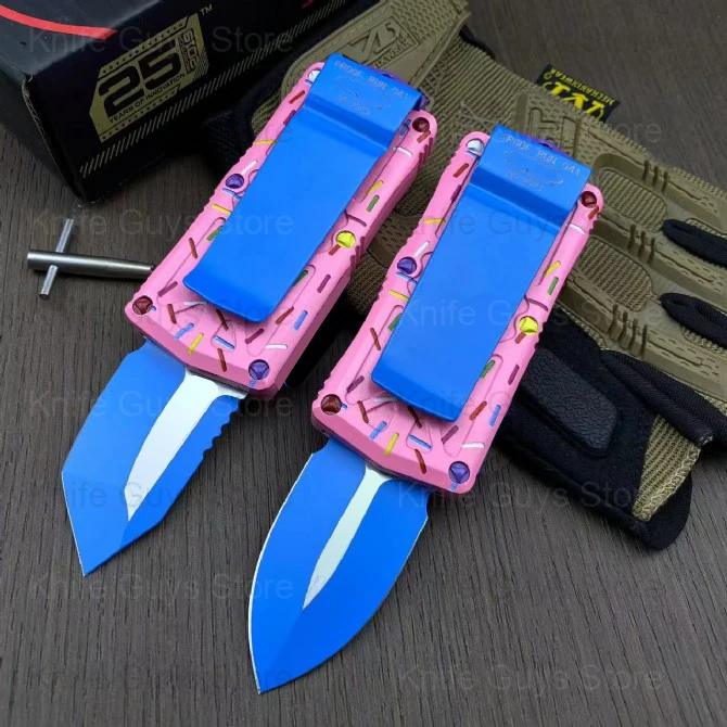 

Micro OTF Tech Knife Mini Series D2 Steel Blade 58-59HRC Hardness T6-6061 Aviation Aluminum Alloy Pink Handle Self Defense Knife