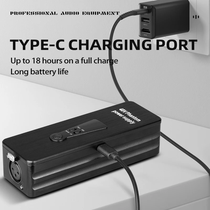 Phantom Power Supply 48V/12V Switch Rechargeable Portable for Condenser/Shotgun Microphones Mic Preamp Record Studio