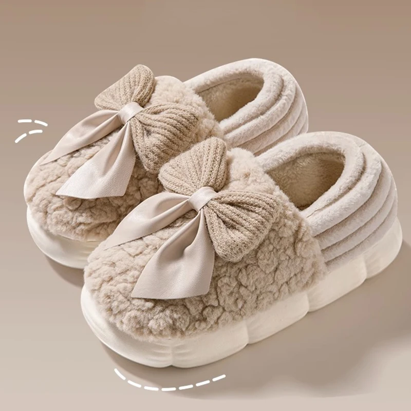 Bowknot Decor Wrap Heels Plush Slippers Women Winter Indoor Home Warm Fluffy Slides Woman Soft Non Slip Cotton Slippers Female