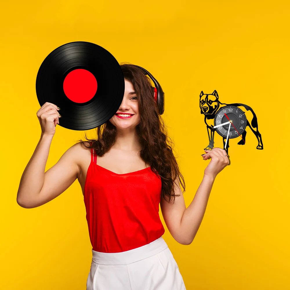 Pitbull Home Wall Decor Decorative Wall Clock Dog Breed Gifts Pitbull Mom Vinyl Record Wall Clock American Bully Mom Retro Clock 5