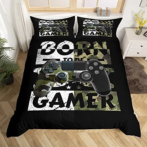 

Gaming Gamer Duvet Cover Set,Green Camouflage Gamepad Comforter Cover,Video Games Theme Black Bedding Set for Adult Bedroom Gift
