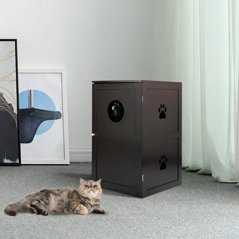 

Cat Litter Box Furniture, Cat Washroom and Upper Level House, Brown