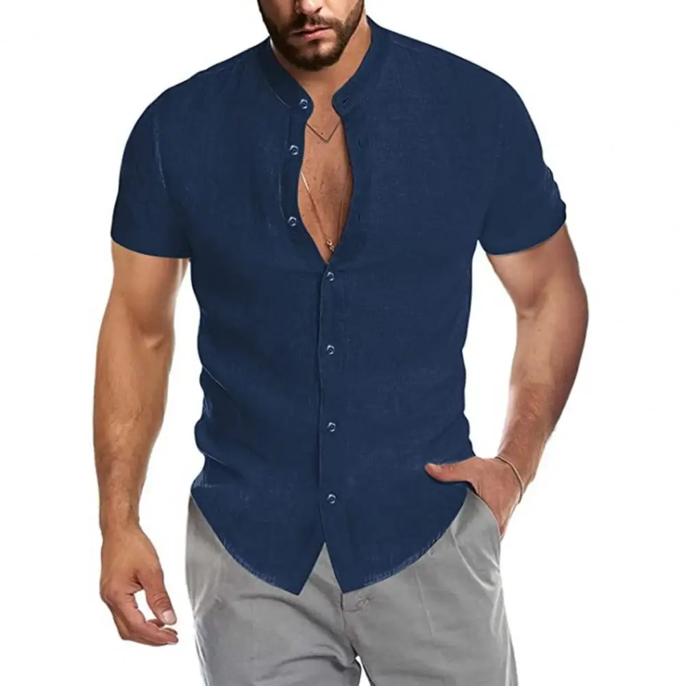 Linen Men Shirt summer 2022 Stand Collar Short Sleeve Beach Shirt V Neck Pocket Men Shirt camisa masculina футболка оверсайз