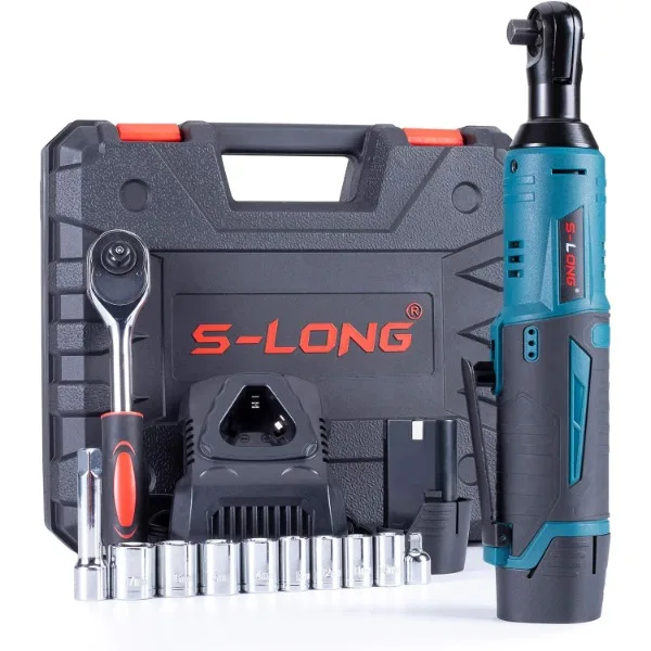 

S-LONG Cordless Electric Ratchet Wrench Set, 3/8" 400 RPM 12V Power Ratchet Driver with 10 Sockets, 2000mAh Lithium-Ion Battery