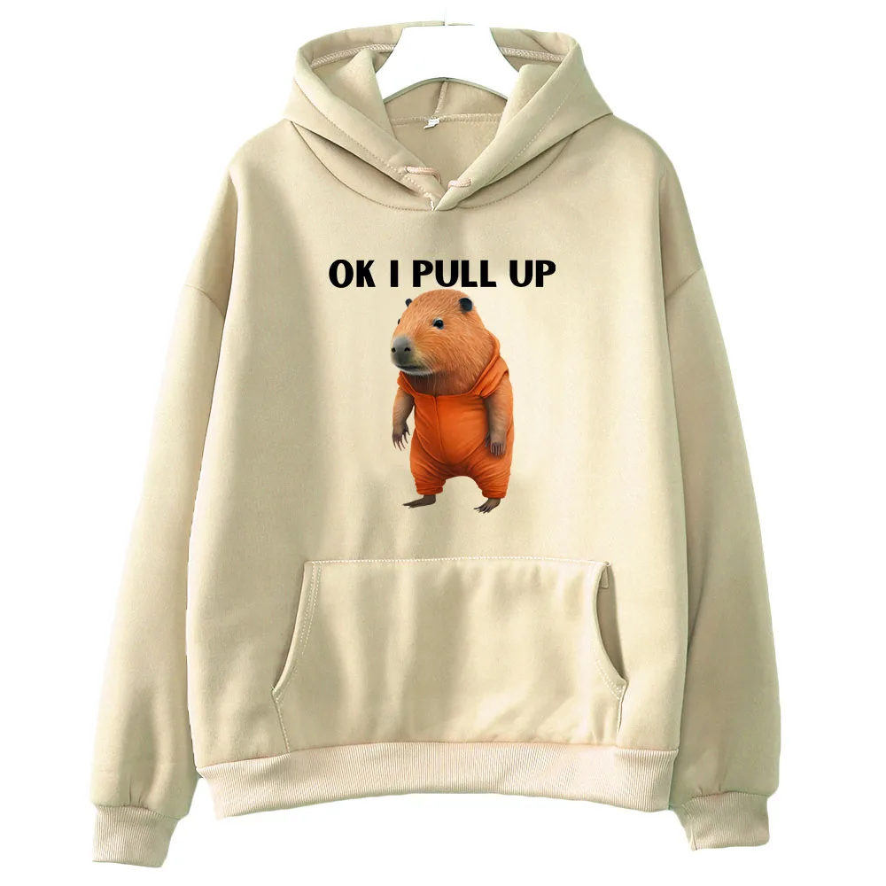 

OK I PULL UP Capybara Oversized Hoodie WOMEN Cartoon Minimalist Style Long-sleeved Clothing Kawaii/Cute Animal Graphic Prevalent