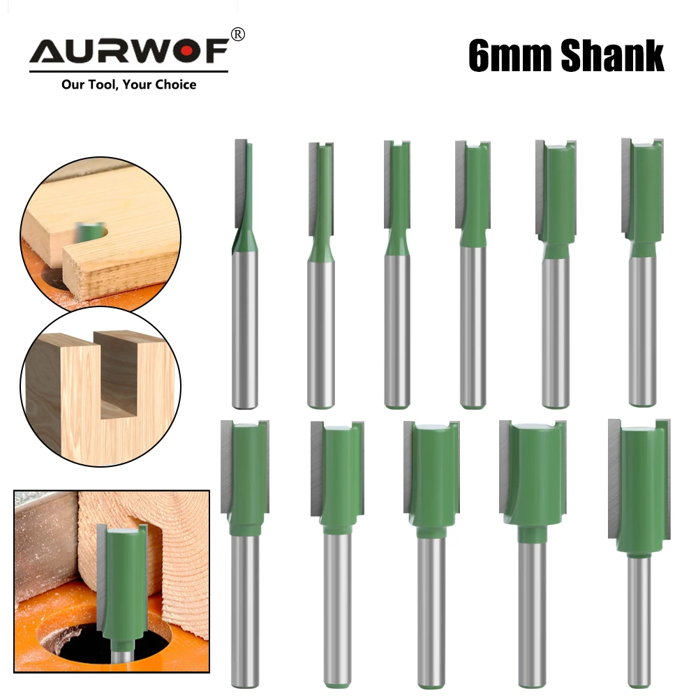 

AURWOF 11pcs 6mm Shank Single Double Flute Straight Bit Milling Cutter for Wood Tungsten Carbide Router Bit Woodwork MC06020T11