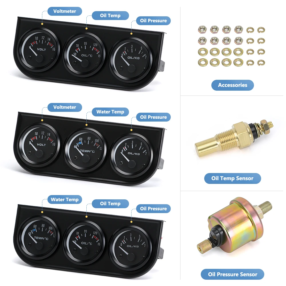 Water Temp Gauge Racing Car Gauge Racing Meter Automotive Gauge LIZHI RACING-52mm Electrial Triple Kit(Voltmeter+oil Temp Gauge+Oil Pressure Gauge)Sensor Temperature Or Water Temperature Gauge