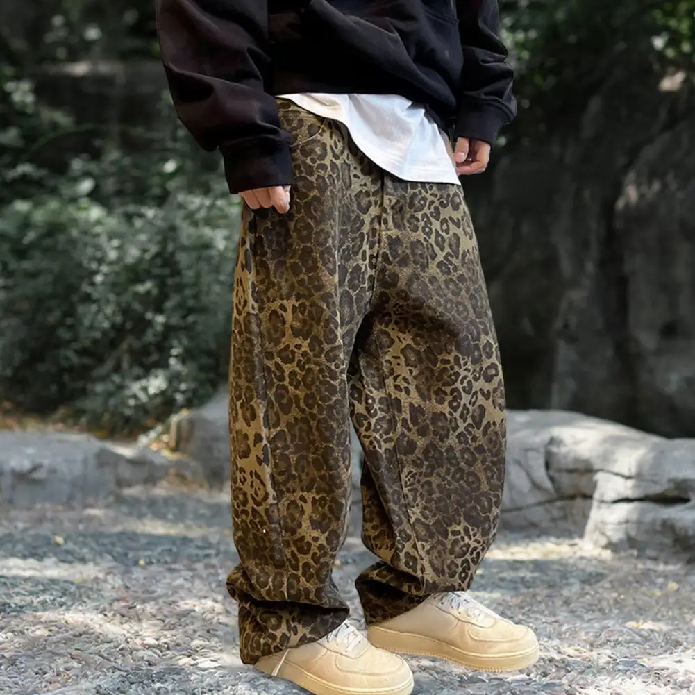 Hip-hop Style Pants Loose Fit Pants Leopard Print Hop Pants with Crotch Breathable Fabric for Men Stylish Retro Streetwear