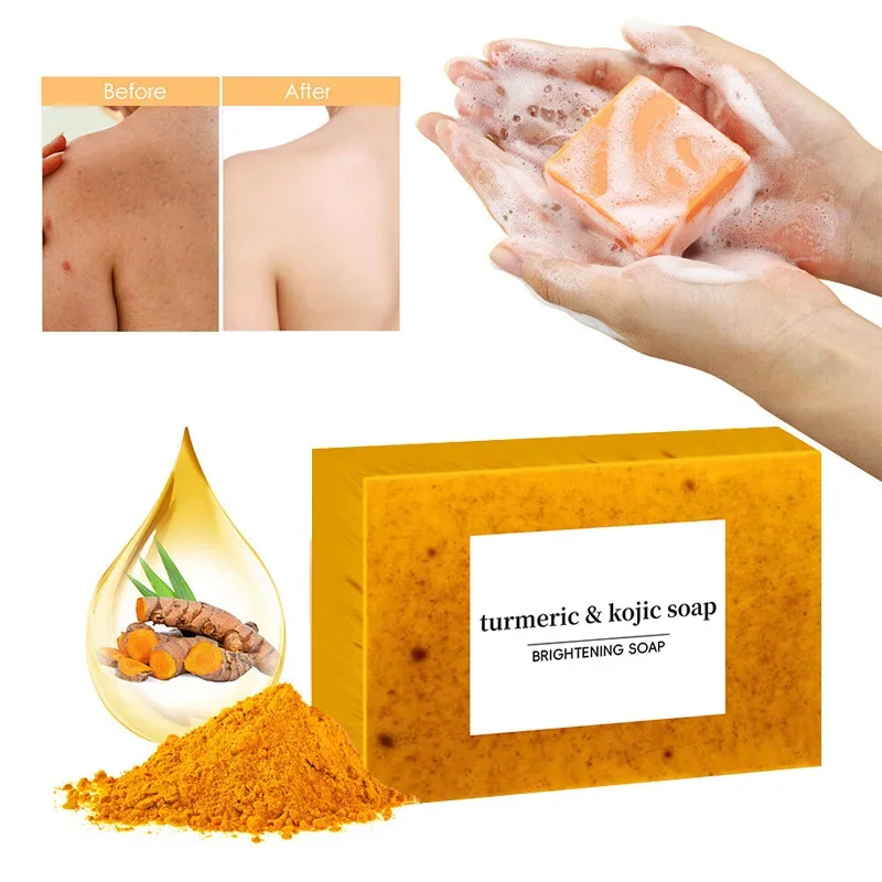 100g Turmeric Scrub Exfoliator Handmade Soap,Lemon Kojic Acid Brighten Moisturizing Shower Face Cleansing Soap,Body Skin Cleaner 2