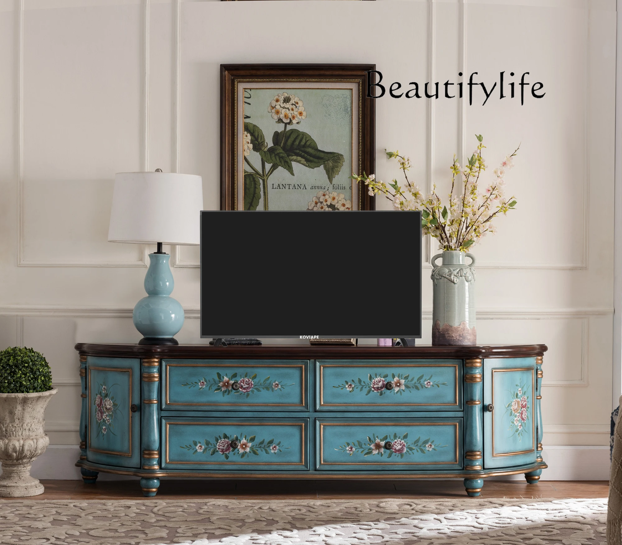 

American-Style Solid Wood Retro TV Cabinet and Tea Table Combination Storage Floor Cabinet Storage Painted TV Cabinet